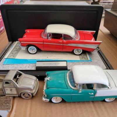 #3684 • 2 Diecast Chevrolet Bel Airs and Timex Clock Truck