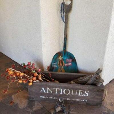 #1050 â€¢ Home Adornments. Includes Praying Shoe Horse Man, Antiques Box, and Old West Shove.