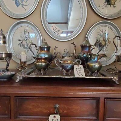 2220	

Coffee ans Tea Warmers, Tea Set, Oil Lamps and Ornamental Plate
Tea Set from N.S. Silver Copper Wall Art NOT Included