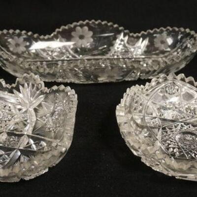 1205	3 PIECES CUT GLASS, OBLONG BOWL IS 11 IN & HAS A FLAKE ON THE INSIDE EDGE
