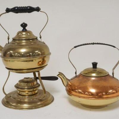 1212	2 BRASS KETTLES ONE ON A STAND W/BURNER, SIGNED S&S CO, OTHER HAS A COPPER TOP SECTION
