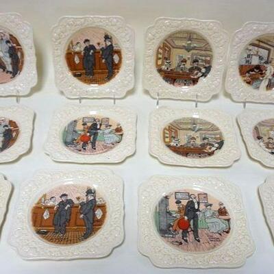 1067	GROUP OF 12 ENGLISH CROWN DUCAL FLORENTINE7 1/2 IN  PLATES WITH COMICAL PUB SCENES
