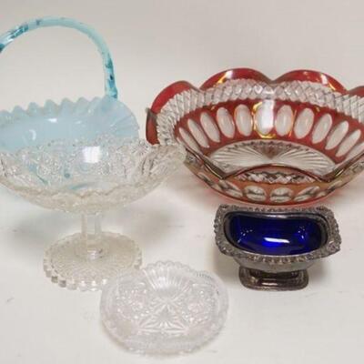 1231	5 PIECE GLASS LOT, INCLUDES 11 1/4 IN RUBY STAINED BOWL, BLUE OPAQUE BASKET, 2 PIECES PATTERN GLASS & A MASTER SALT IN SILVERPLATED...