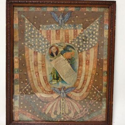 1243	FRAMED FOLK ART PIECE *WASHINGTON'S FAREWELL ADDRESS* BORDER DONE W/OLD POSTAGE STAMPS, 16 5/8 IN X 19 3/4 IN INCLUDING FRAME

