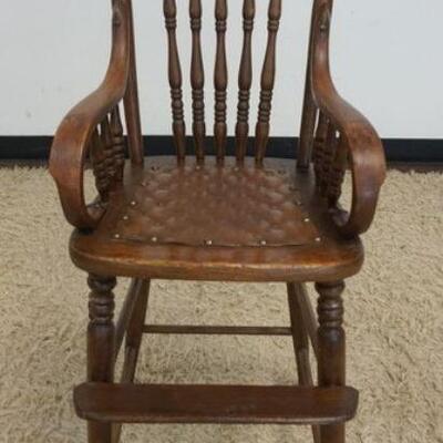 1157	ANTIQUE OAK PRESSED BACK CHILDS HIGH CHAIR W/BENTWOOD ARMS, APPROXIMATELY 43 IN HIGH
