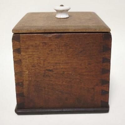 1237	DOVETAILED WOODEN BOX INSCRIBED *BUILD DEC 28TH 1872* ON THE BASE, 7 1/2 IN SQUARE X 8 IN TO TOP OF PORCELAIN KNOB
