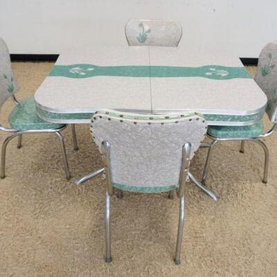 1146	VINTAGE FORMICA CHROME & VINYL DINETTE KITCHEN SET, TABLE W/LEAVE & 4 CHAIRS, NICE SET IN GREAT SHAPE FOR AGE, TABLE APPROXIMATELY...