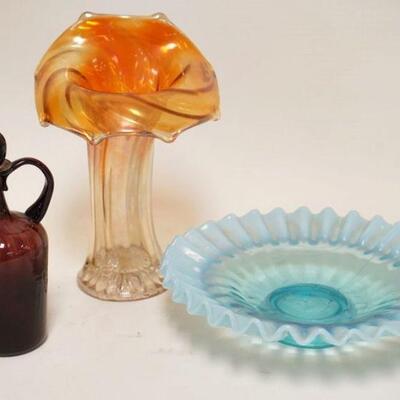 1211	3 PIECE GLASS LOT, OLD CARNIVAL GLASS JACK IN THE PULPIT VASE, AMETHYST CRUET & BLUE OPALESCENT RUFFLED PLATE, TALLEST IS 7 3/4
