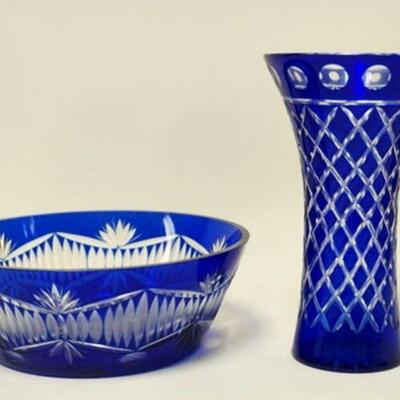 1194	COLBALT BLUE CUT TO CLEAR VASE & BOWL, VASE IS 9 1/4 IN HIGH, BOWL IS 9 3/4 IN DIAMETER
