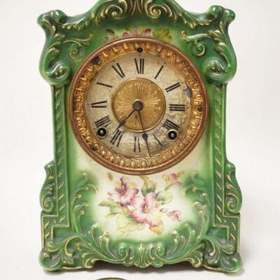 1217	*TROPHY* CHINA CASE CLOCK, ANSONIA WORKS W/CHIME, HAS PENDULUM, NO KEY, PAINT LOSS ON THE RIGHT SIDE
