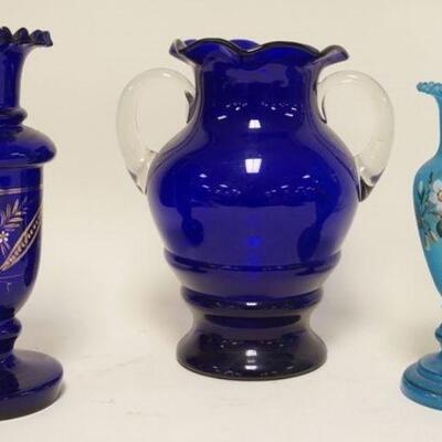 1223	3 BLUE VASES, 2 HAND PAINTED BOHEMIAN, ONE DEPRESSION ERA W/CLEAR APPLIED HANDLES, 10 IN HIGH

