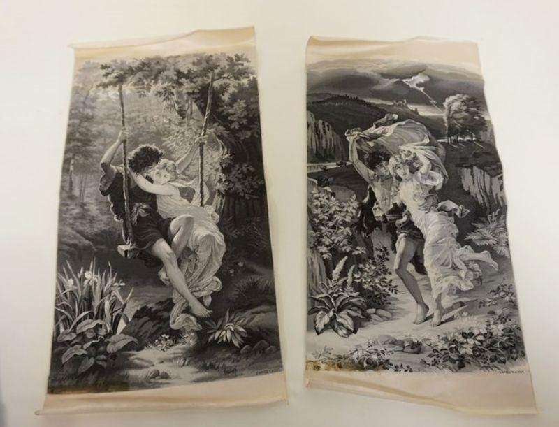 1006	2 ANTIQUE STEVENGRAPHS DEPICTING A YOUNG COUPLE ON A SWING AND RUNNING, APPROXIMATELY 15 IN X 8 IN
