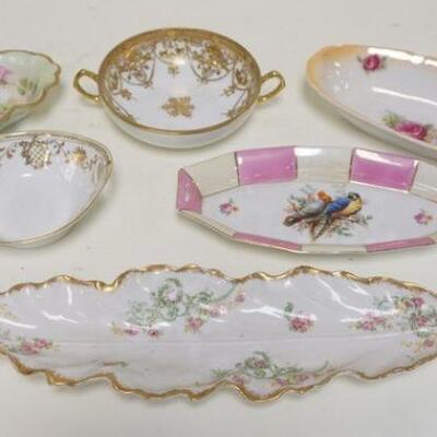 1216	6 PIECE CHINA LOT, INCLUDES HAND PAINTED NIPPON, MZ AUSTRIA, LIMOGES, ETC, LEAF DISH IS 13 1/4 IN
