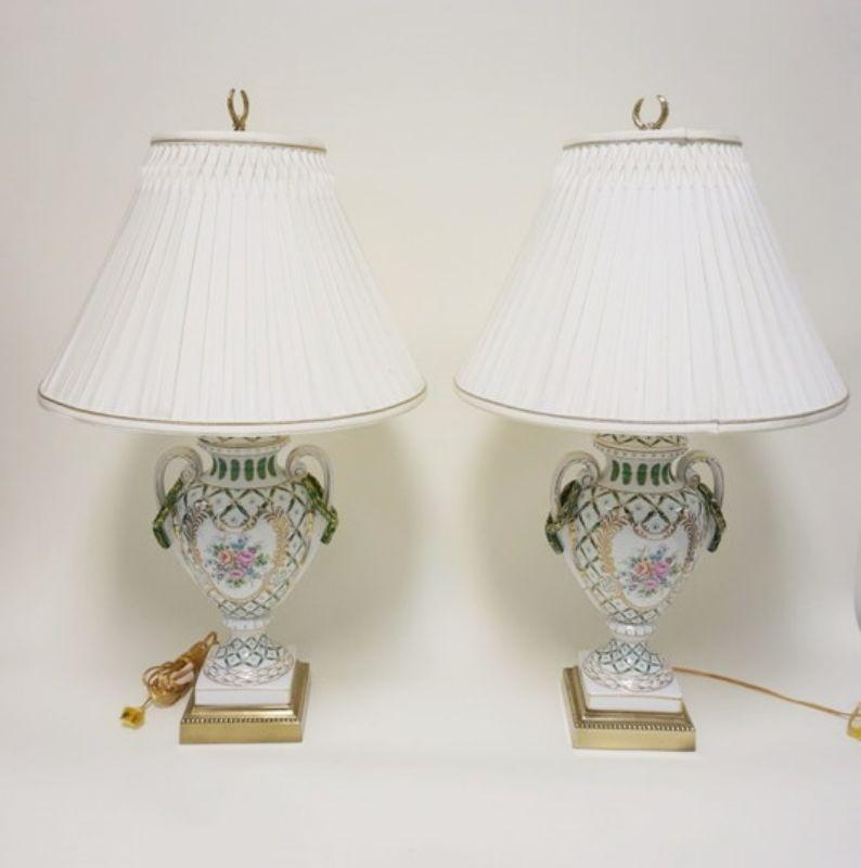 1001	FEDERICK COOPER TABLE LAMPS, PORCELAIN DOUBLE HANDLED URNS W/FLORAL DECORATIONS ON BRASS BASES, APPROXIMATELY 30 IN HIGH
