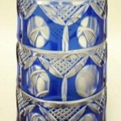1132	COLBALT CUT TO CLEAR VASE WITH SCALLOPED EDGE, APPROXIMATELY 7 IN HIGH
