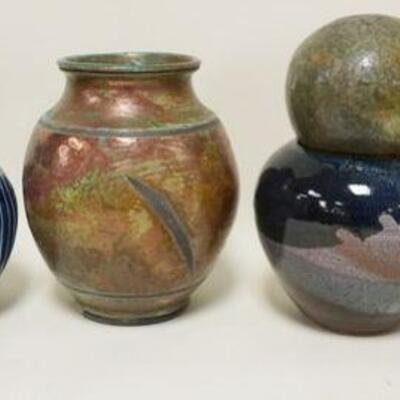 1120	CONTEMPORARY ART POTTERY VASES, GROUP OF 5, ARTIST SIGNED. LARGEST APPROXIMATELY 9 3/4 IN HIGH
