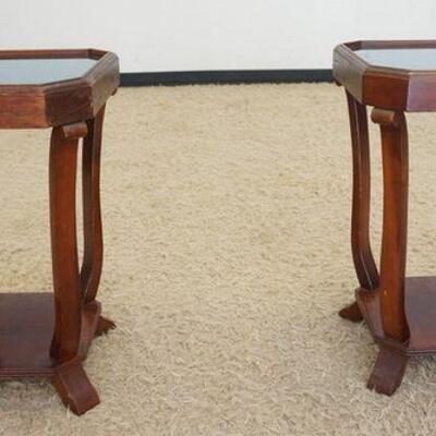 1296	PAIR OF BLUE GLASS TOP END TABLES, 17 1/2 IN SQUARE X 27 IN HIGH
