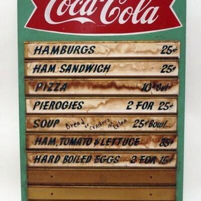 1107	COCA COLA ANTIQUE WOOD RESTAURANT ADVERTISING MENU SIGN WITH REMOVEABLE INSERTS. HAS STAINING, APPROXIMATELY 17 1/2 IN X 29 1/2 IN...