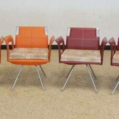 1141	LOT OF 6 RED & ORANGE MODERN ARMCHAIRS, CHROME & LEATHER, W/FAUX MATERIAL ALIGATOR CUSHIONS, MARKED HF ON BASE OF LEGS
