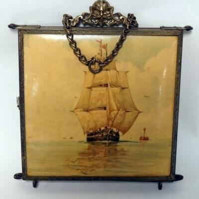 1092	VICTORIAN TRIPLE DRESSER MIRROR WITH CELULOID SHIP PRINT, FRAME CASED IN ORNATE BRASS. APPROXIMATELY 8 1/4 IN X 10 IN HIGH CLOSED
