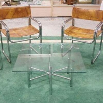 1021	MIDCENTURY MODERN SET OF 4 CHROME  ARMCHAIRS & GLASS COCKTAIL TABLE ON CHROME BASE, CHAIRS HAVE NAUGAHYDE SEATS & BACKS, GLASS TABLE...