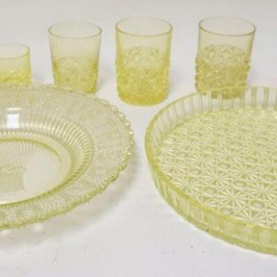 1283	8 PIECES ANTIQUE VASELINE PATTERN GLASS, 11 3/8 IN DAISY & BUTTON TRAY, 11 1/8 IN DAILY BREADSHEAF OF WHEAT TRAY & 6 TUMBLERS
