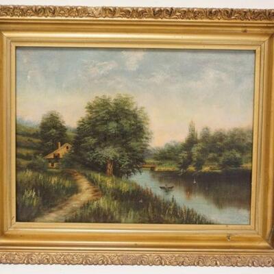 1251	OIL ON CANVAS LANDSCAPE W/STREAM & COTTAGE, 20 IN X 16 IN INCLUDING FRAME
