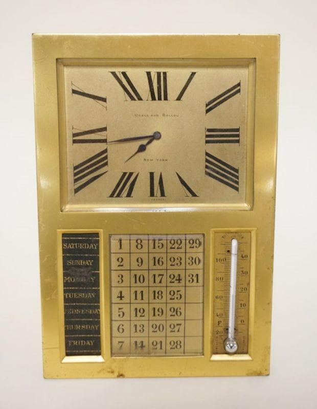 1007	HEAVY BRASS FRENCH CLOCK, CALENDAR, THERMOMETER DESK PIECE, UDALL & BALLOU NEW YORK STAMPED CH HOUR FRANCE ON REVERSE, 5 IN X 7 1/2 IN HIGH
