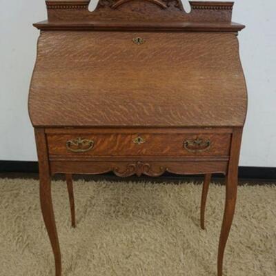 1168	ANTIQUE SOLID OAK SLANT FRONT LADY'S WRITING DESK, ONE DRAWER, APPROXIMATELY 30 IN X 16 IN X 48 IN HIGH
