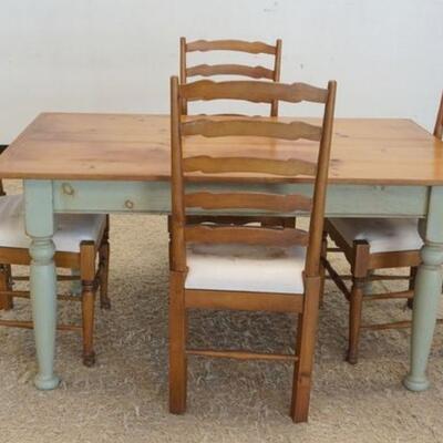 1333	PINE DINING TABLE W/4 LADDER BACK CHAIRS, CHAIR SEATS ARE STAINED, TABLE IS 60 IN X 36 IN X 30 IN HIGH, TABLE HAS A DAMAGE SPOT ON...