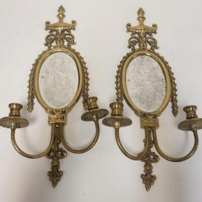 1258	PAIR OF BRASS MIRROR CANDLE SCONCES W/FLAMING URN CREST, 23 1/2 IN HIGH X 10 IN WIDE

