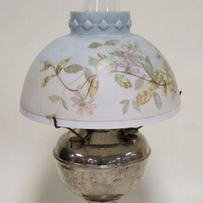 1239	MILLER LAMP W/ANTIQUE HAND PAINTED SHADE, 20 3/4 IN TO TOP OF CHIMNEY
