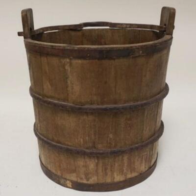 1315	PRIMATIVE WOODEN BUCKET W/WROUGHT IRON HAND & BANDS, 12 3/4 IN DIAMETER X 14 1/4 IN HIGH

