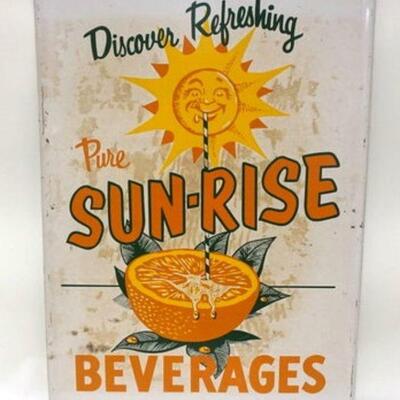1112	COCA COLA, SUN RISE ORANGE DRINK TIN ADVERTISING SIGN, APPROXIMATELY 20 IN X 28 IN. WEAR TO SIGN FRONT.
