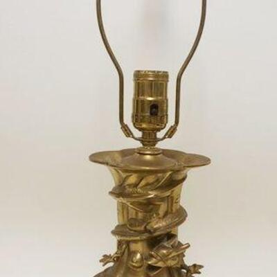 1016	BRASS ASIAN VASE MADE INTO A LAMP, DRAGON CIRCLING NECK OF VASE, APPROXIMATELY 23 IN HIGH OVERALL
