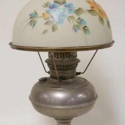 1240	RAYO LAMP W/NEWER HAND PAINTED SHADE, 21 1/4 IN TO TOP OF CHIMNEY
