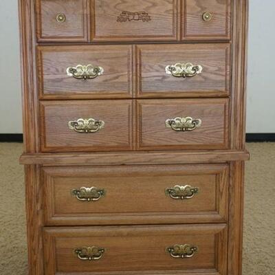 1307	BROYHILL 5 DRAWER HIGH CHEST, 38 IN WIDE X 56 1/4 IN HIGH X 18 IN DEEP, HAS ACORN & OAK LEAF DECORATION
