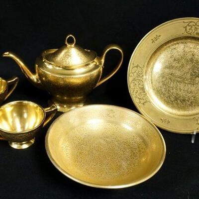 1220	5 PIECE GOLD DECORATED CHINA, TEASET IS STOUFFER, BOWL IS RS GERMANY, PLATE IS 8 1/2 IN

