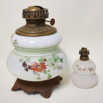 1249	2 HAND PAINTED VICTORIAN LAMPS, ONE MINIATURE, TALLEST IS 10 IN

