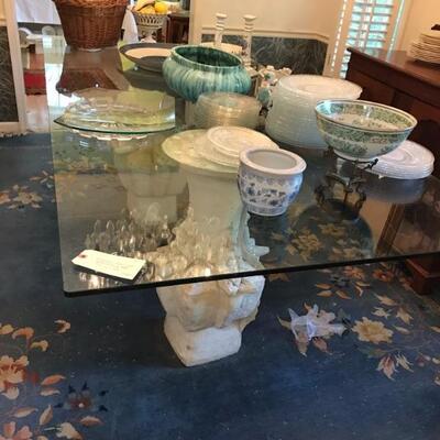 glass top two pedestal dining table $790
74 X 42 X 31 1/2