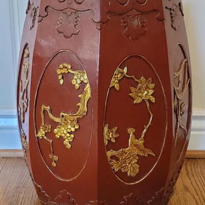 Vintage Asian Rust & Gold Wood Umbrella Stand