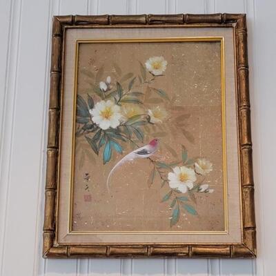 Mid Century Asian Water Color in Gold Bamboo Frame