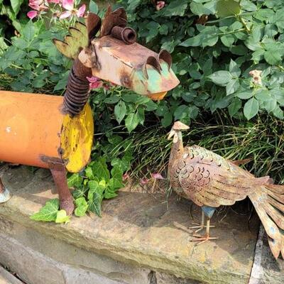(2) Whimsical Tin Yard Sculptures: Horse & Peacock