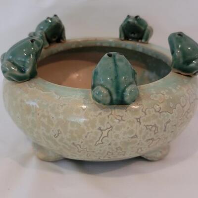 Whimsical Ceramic Frogs on Flower Pot