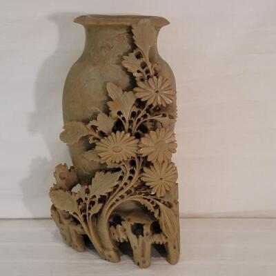 2- Asian Carved Soapstone Flower & Pheasant Vases