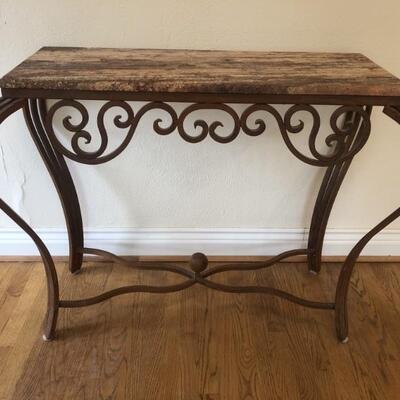 Stone-Top Wrought Iron Scroll Base Console Table