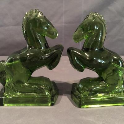 Pair of Green Art Glass Horse Figurines