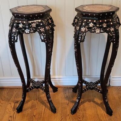 (2) Rosewood Plant Stands w Inlaid Mother of Pearl