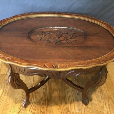 Carved Wood Table with Glass Protective Top