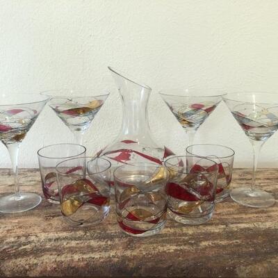(10) Galleria by Fostoria Bar Set: 5 Highballs, Carafe & 7 Martini Glasses
